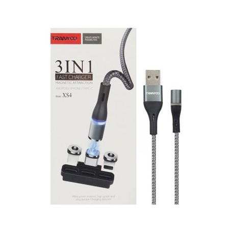 Cable Micro Usb V8 Usb-C Lightning 3 En 1 Magnetico 1mt Tranycoo Xs4