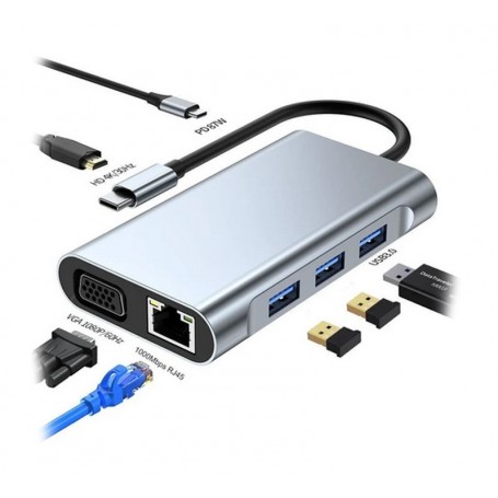 Hub Usb-C Tipo-C Type-C 7 En 1 Seisa Byl-2111 Para Mac Windows Usb-C Hembra Usb 3.0 Usb 2.0 Hdmi Utp Ethernet VGA