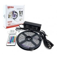 Tira De Led Rgb 5050 5mts Con Fuente De Alimentacion & Control Remoto Interior Adhesivo Seisa Y5050rd